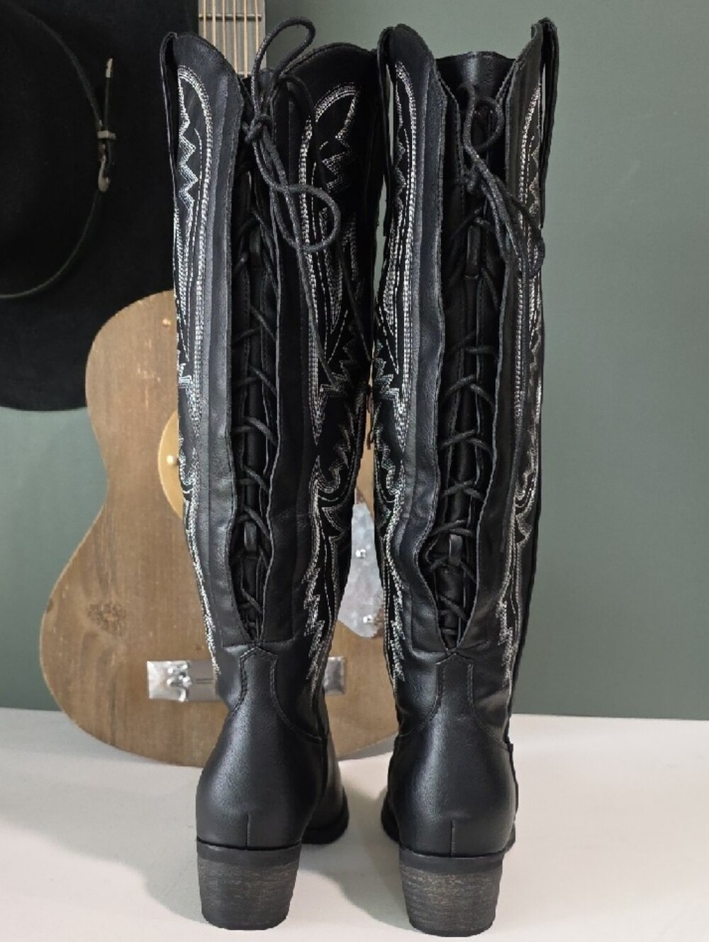 Onlymaker Black Embroidered Cowboy Boots Knee High Western Cowgirl Sz 9 - Picture 5 of 10